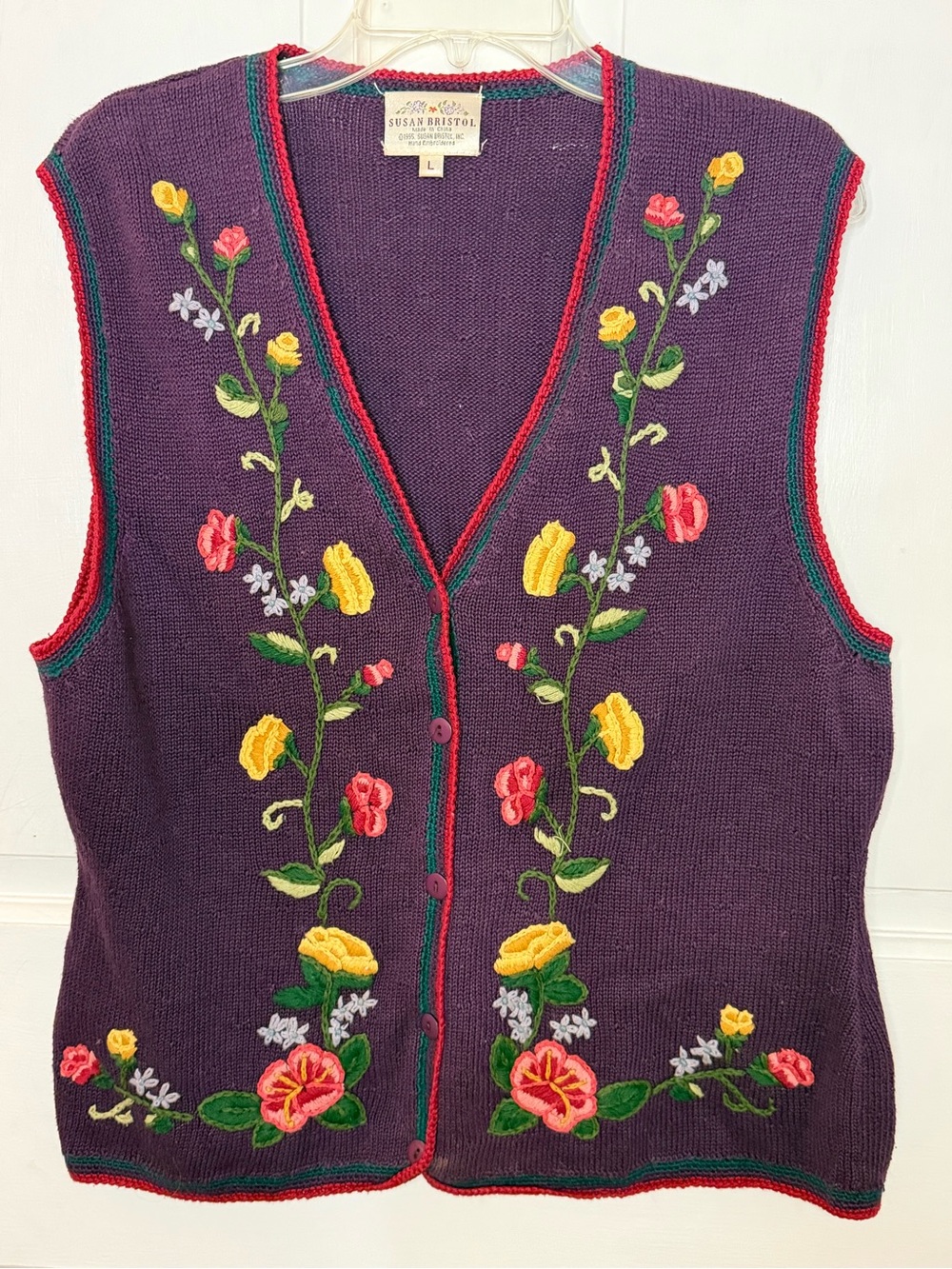 Vintage 90s Susan Bristol Purple Embroidered Floral Knit Vest